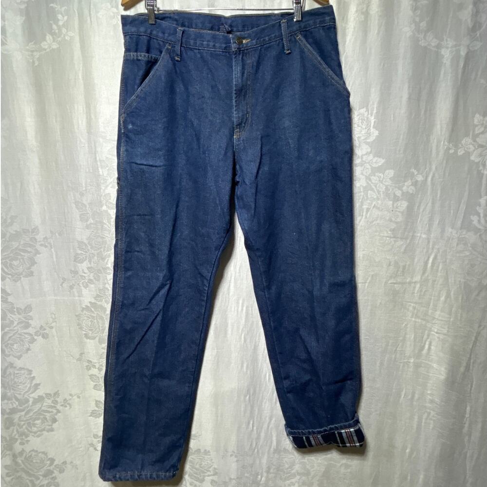 Vintage Carpenter Jeans 36x34 Plaid Flannel Lined Full Blue Denim Cotton Stretch